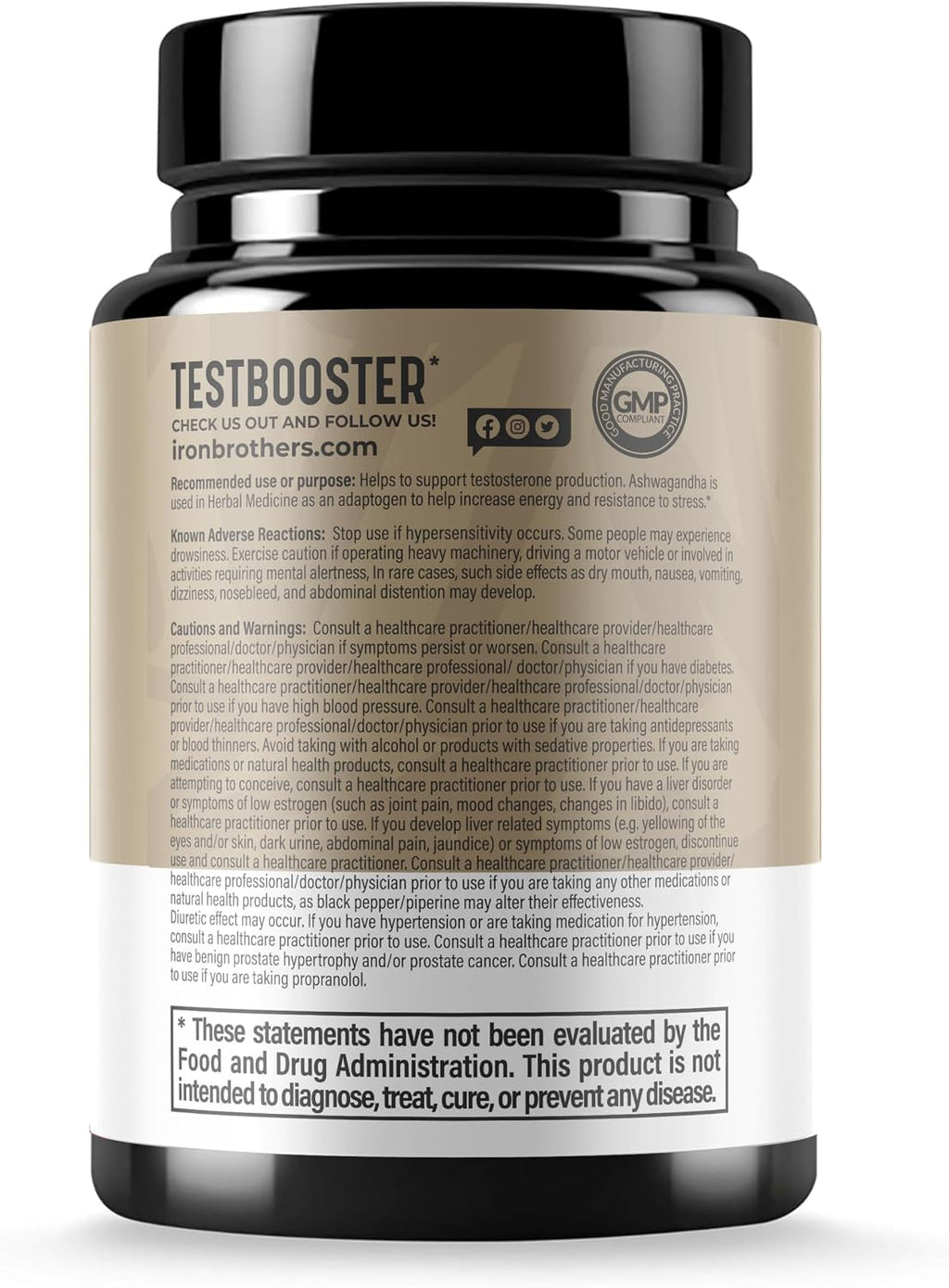 Warnings and label information for Iron Brothers Testosterone Booster for Men