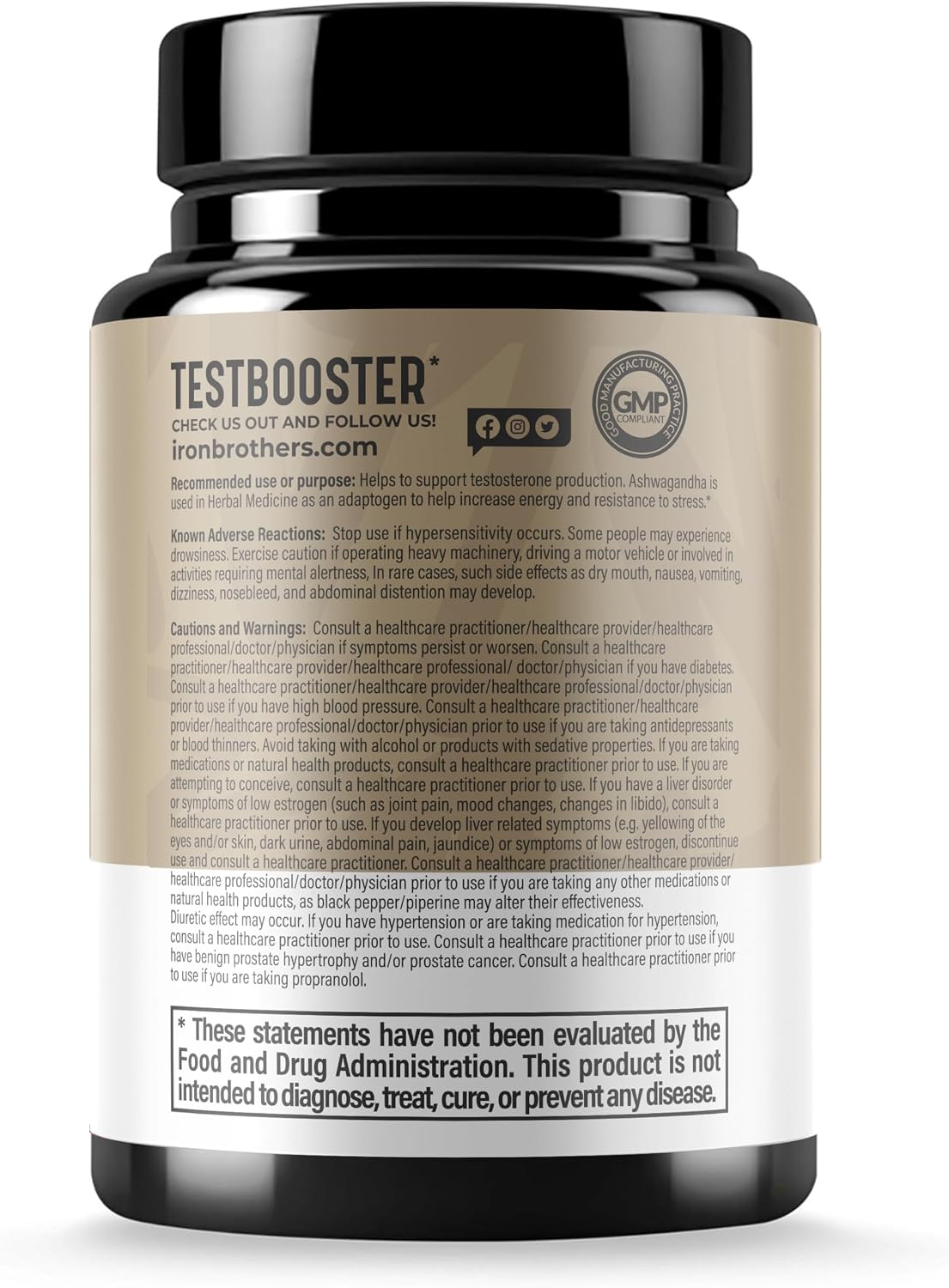 Warnings and label information for Iron Brothers Testosterone Booster for Men